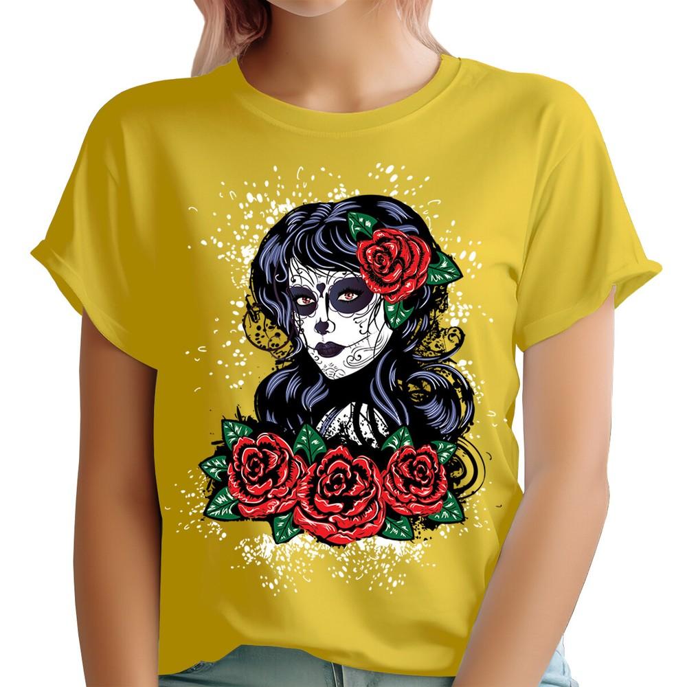 Day Of The Dead Sugar Skull TShirt Gothic Style Black Dress With Roses DT2382