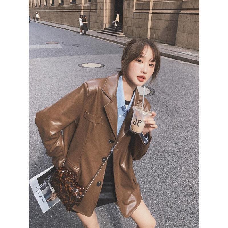 Black Brown Women's Leather Jacket Women's Spring and Autumn New Casual Slim Locomotive Leather Suit Top Leather Women