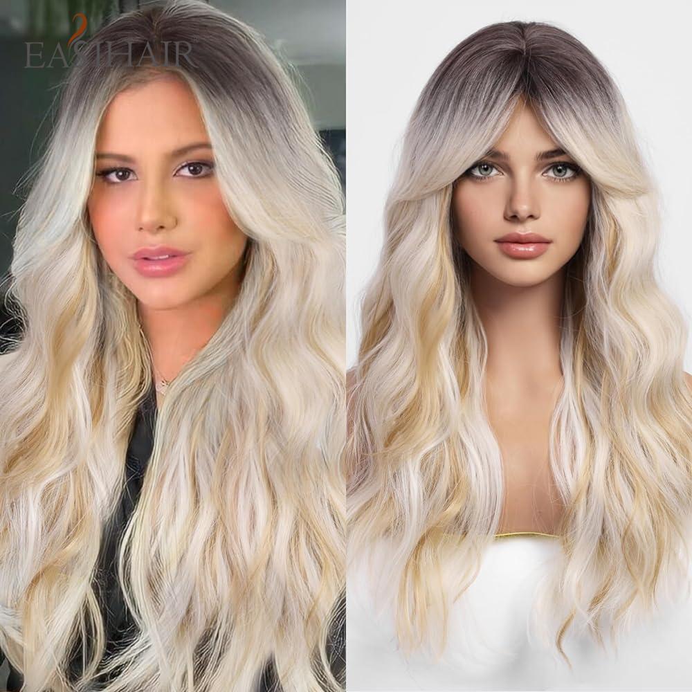 EASIHAIR Zandblond Gouden Golvende Synthetische Pruiken met Lange Pony Cosplay Lolita Feest Haar Pruiken voor Vrouwen Natuurlijk Hittebestendig