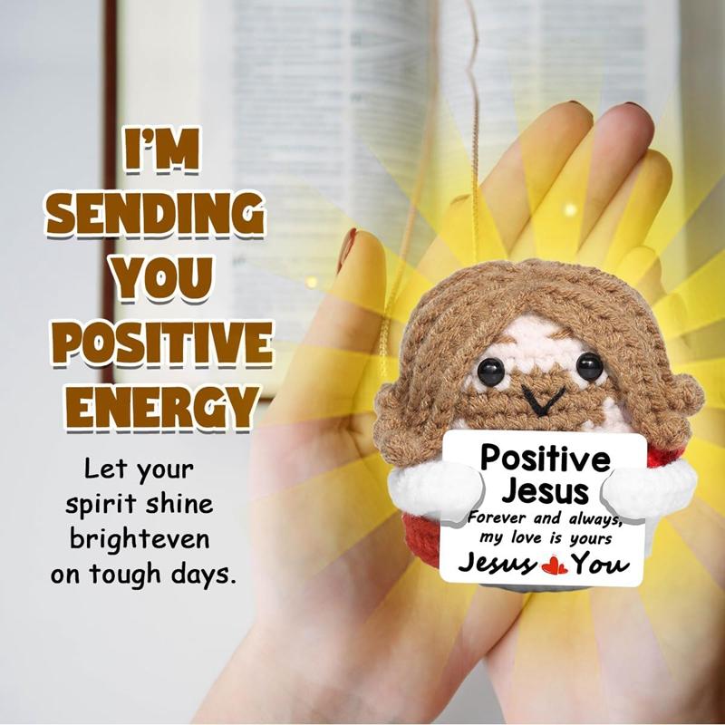Positive Jesus Häkelpuppe mit Karte Lustige Emotionale Unterstützung Schreibtischornament Handgestrickte Figuren Geschenke Heimdekoration