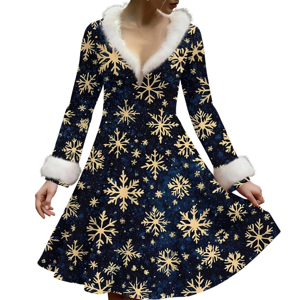 Damska codzienna sukienka z dekoltem w serek, z pluszowym nadrukiem świątecznym i długim rękawem