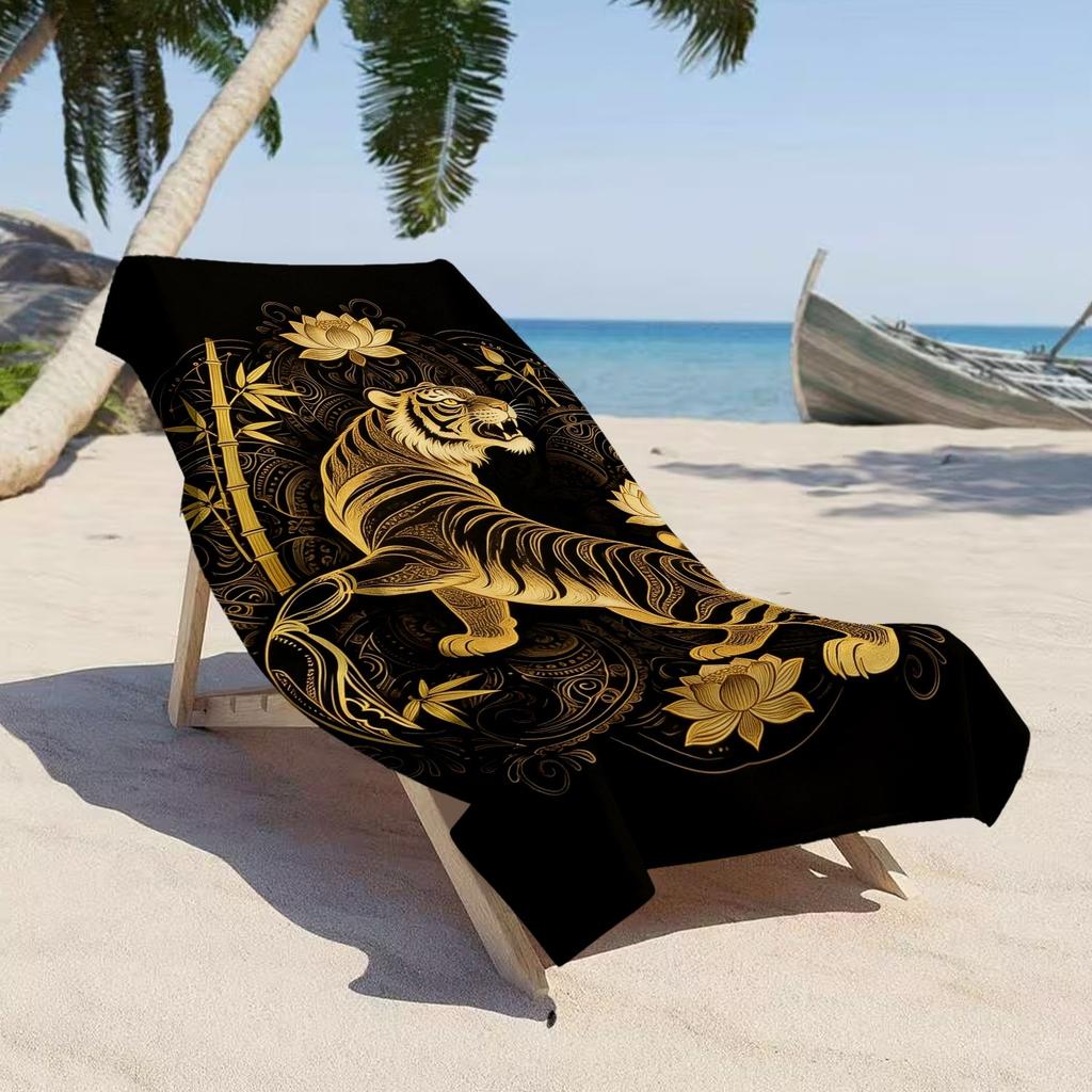 Goldener Tiger Strandtuch, Verzierter Tiger mit Lotus-Bambus-Druck Übergröße Badetuch, Weich Schnelltrocknend Asiatisch Inspiriert Stranddecke