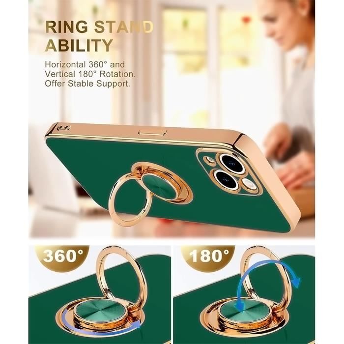 Coque pour iPhone 15 Plus - BOOLING - Vert Nuit - Protection TPU Antichoc - Anneau Support Rotatif - Souple