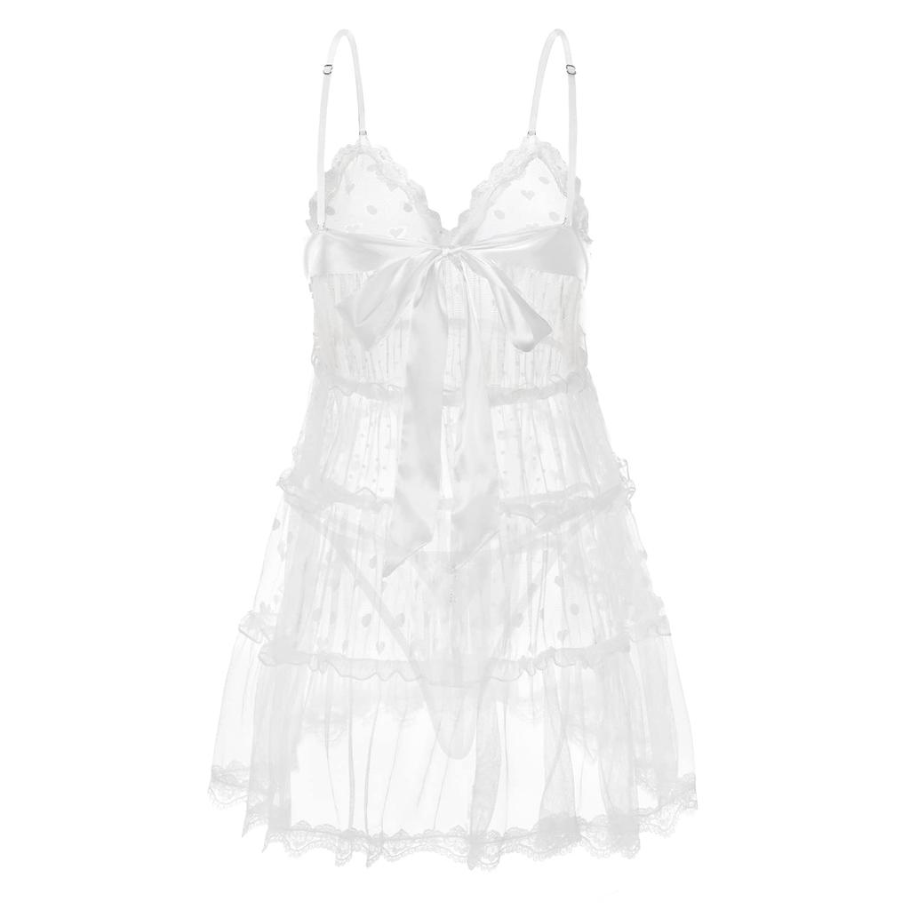 LittleForBig Women's 2-Piece Lingerie Set: Polka Dot and Heart Print Halter V-Neck Mesh Dress and T-Pants (Romantic), White, Size 2XL