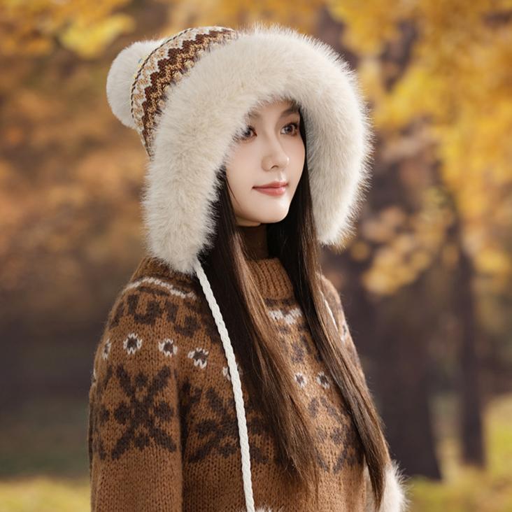 Winter Retro Ethnic Style Knitted Hat Children Thickened Velvet Cold-proof Wool Hat Warm Ear Protector Hairball Bag Head Hat