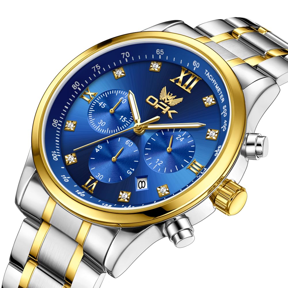 OPK Quartz Watch with Date Luminous Stainless Steel Watch for School or Gold Blue Men's Display, Waterproof, Diamonds, Stylish, Fashionable, Classic,