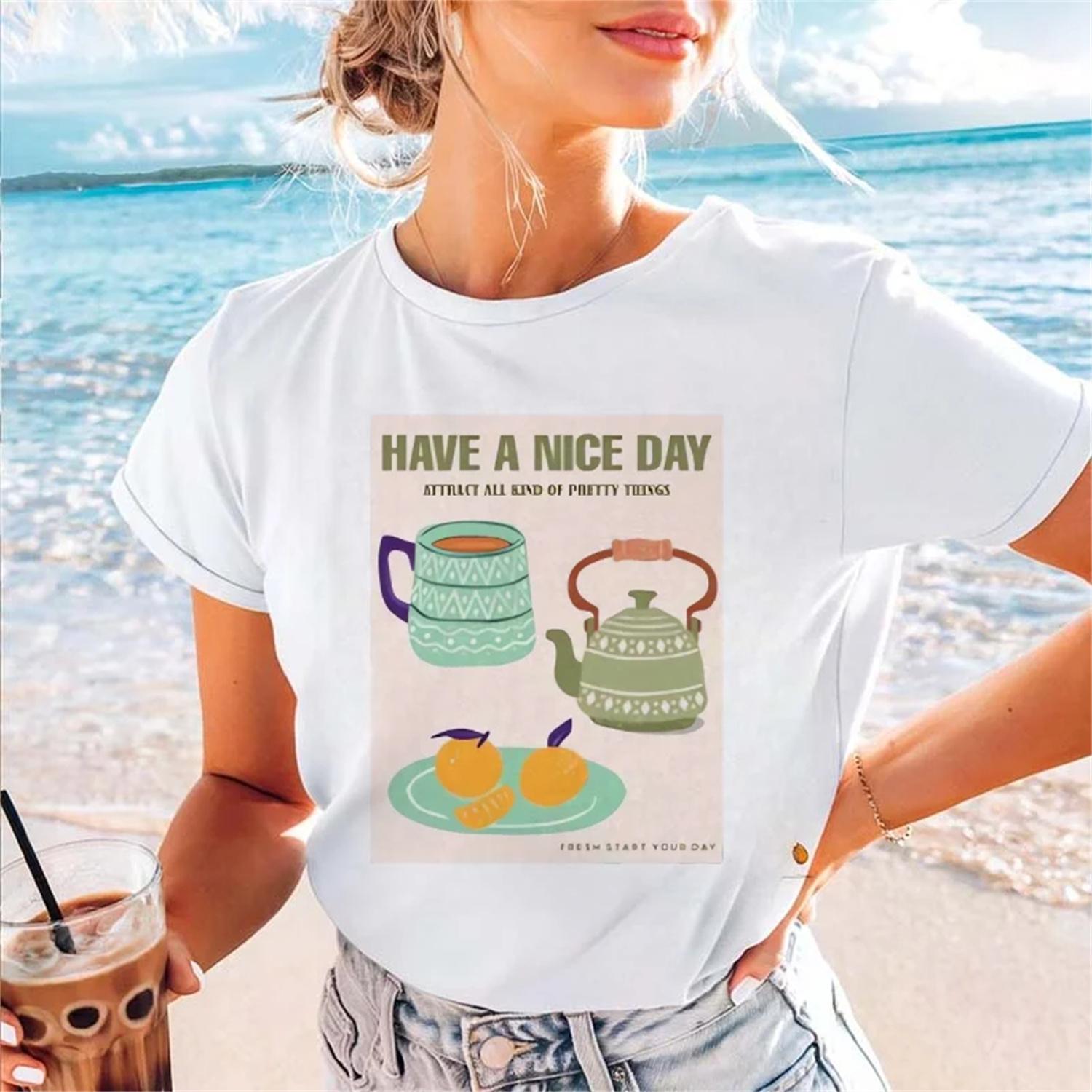 Women s Pattern Travel Versatile T-Shirt Casual 90s Summer Printed Women s Clothing Top Printed Women s O-Neck Trendy T-Shirt S