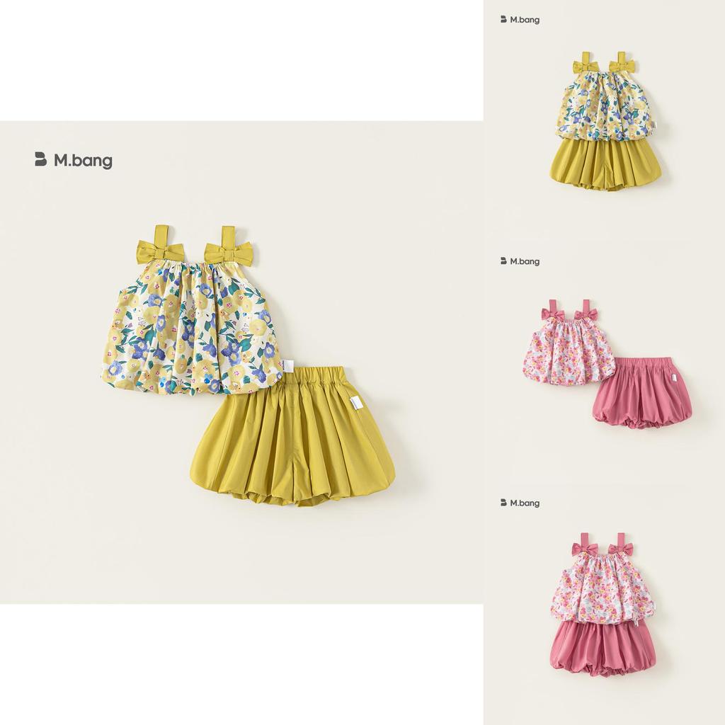 Sweet Floral Pattern Bow Shoulder Strap Design Summer Top And Shorts Set For Kids Age 3 To 8