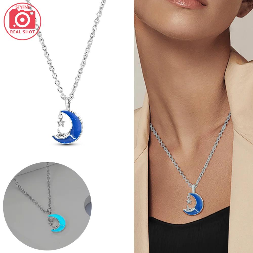 Authentic copper Necklaces Starry Sky Pendant Blue Zircon Moon Star Shape Heart Necklaces Women Jewellery Classical Anniversary Gift