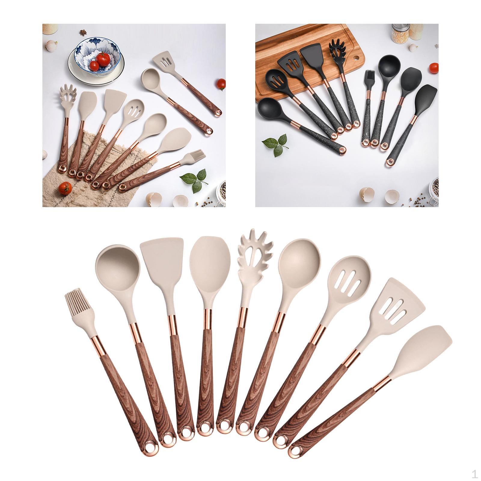 

9 Gadgets Utensils Set,Heat Resistance Cookware, Brush for Baking Mixing Pots and Pans Brown Handle
