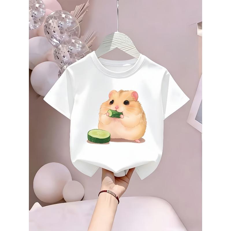 European sizes Summer Casual Girls' Clothing, Featuring a Cute Cartoon Hamster Print, Soft, Comfortable, and Versatile Round-neck T-shirt