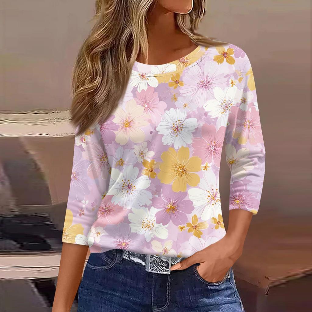 Women's Three-Quarter Sleeve Shirt, Round Neck, Loose Fit, Casual Shirt, Floral Print T-Shirt, Summer