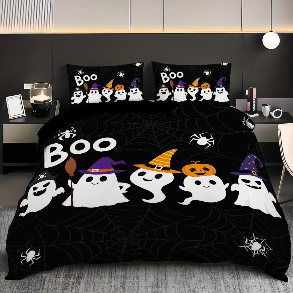 3-piece Halloween themed black cute ghost pumpkin pattern duvet cover set, 1 duvet cover+2 pillowcases, coreless