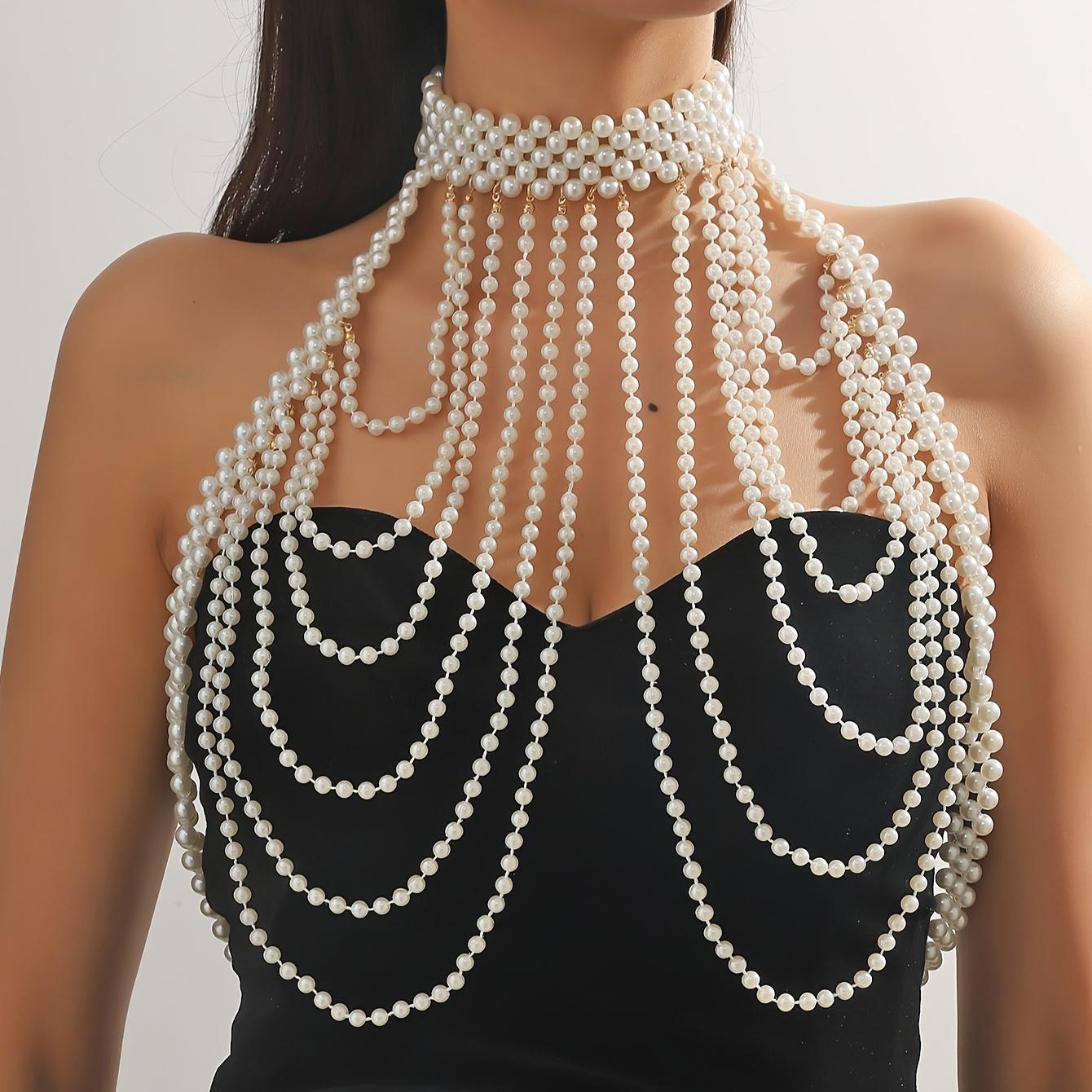 

Увеличенная цепочка для тела из искусственного жемчуга ручной работы, плечевая цепочка, цепочка для бюстгальтера, многослойное ожерелье с кисточками, ювелирные изделия, летняя пляжная вечеринка