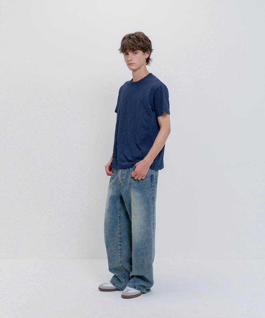 PSSHOPPER [Refurbished] Semi-Crop Slub Vintage Short Sleeve T-Shirt [Navy]