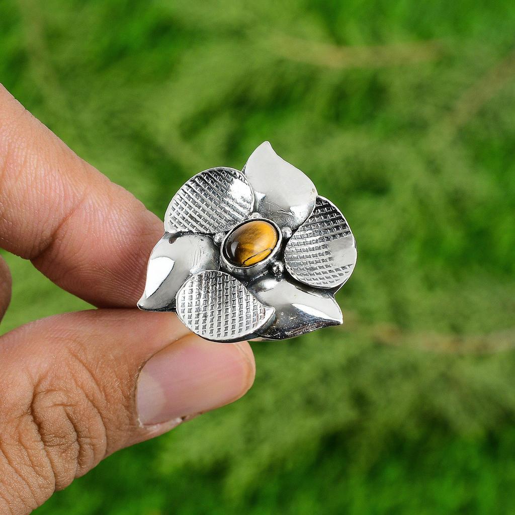 Natural Tiger'S Eye 925 Silver Multi Stone Flower Adjustable Ring For Girls