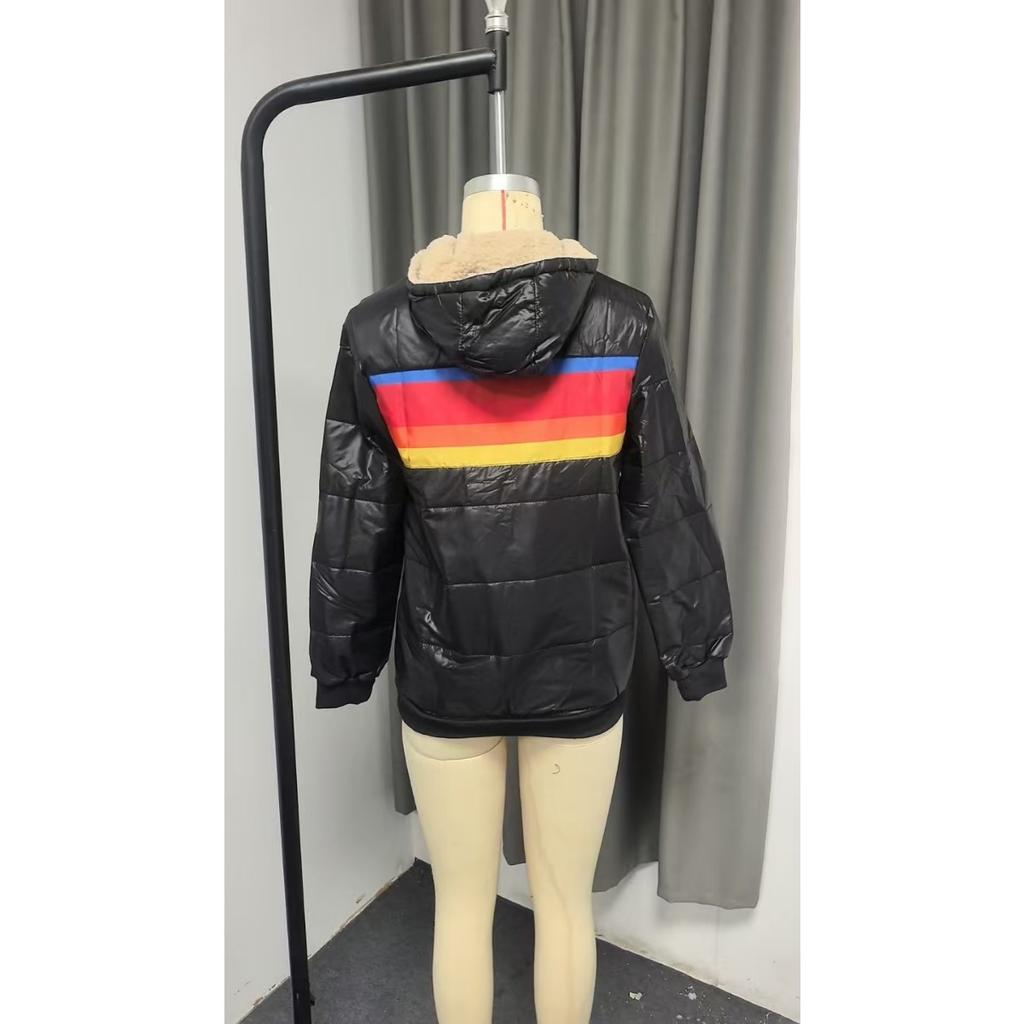 New Women's Casual Cropped Printed Hooded Padded Jacket, Fall Winter Color Block Cotton Parka For Women