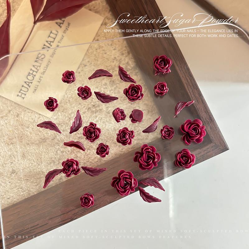 50Pcs 3D Mix Sizes Beautiful Blossoming Rose Flowers Leaf Resin Adhesive Nail Art Rhinestones Decorations Manicure Kawaii Charms