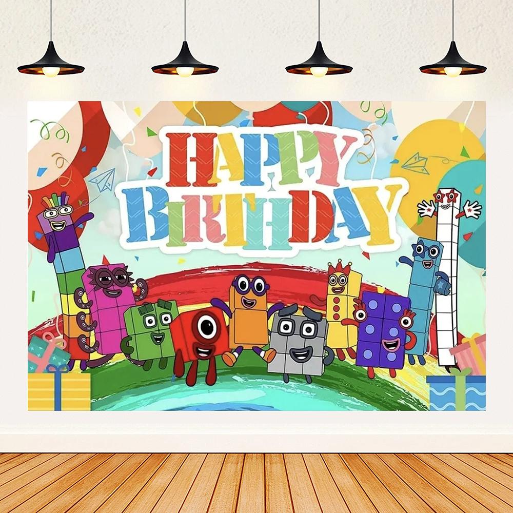 Cartoon Blocked Number Theme Birthday Party Decoration Building Background Plate Cup Balloon Backdrop Photography Prop Kid Gifts