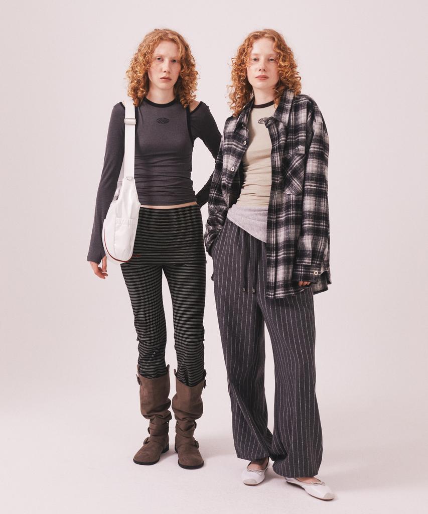 Minasu Brushed Striped Skirt Pants_Black