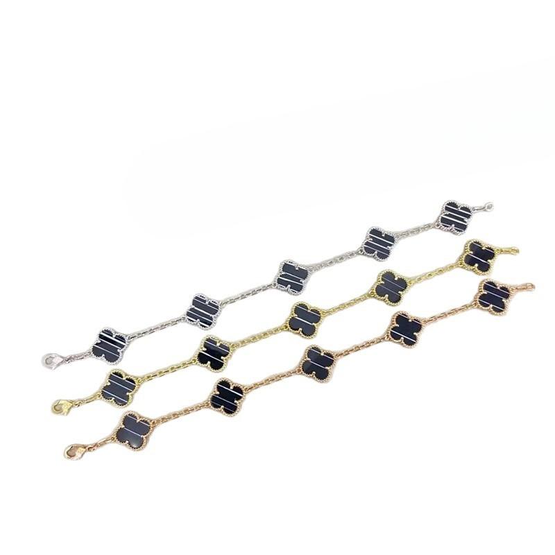 Women's Four-leaf Clover Bracelet 18k Rose Gold High Version Striped Black Chalcedony Lucky Clover Bracelet