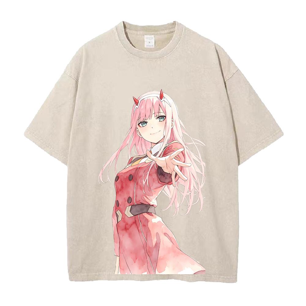 DARLING In the FRANXX Zero Two Printed Tee Men Women Vintage Washed T-shirts Oversized Cotton Streetwear Short Sleeve Clothing
