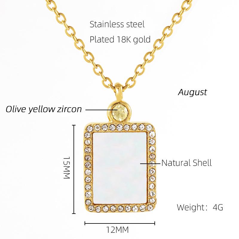 18K Titanium Steel Birthstone Pendant Necklace with Square Shell Design for Women