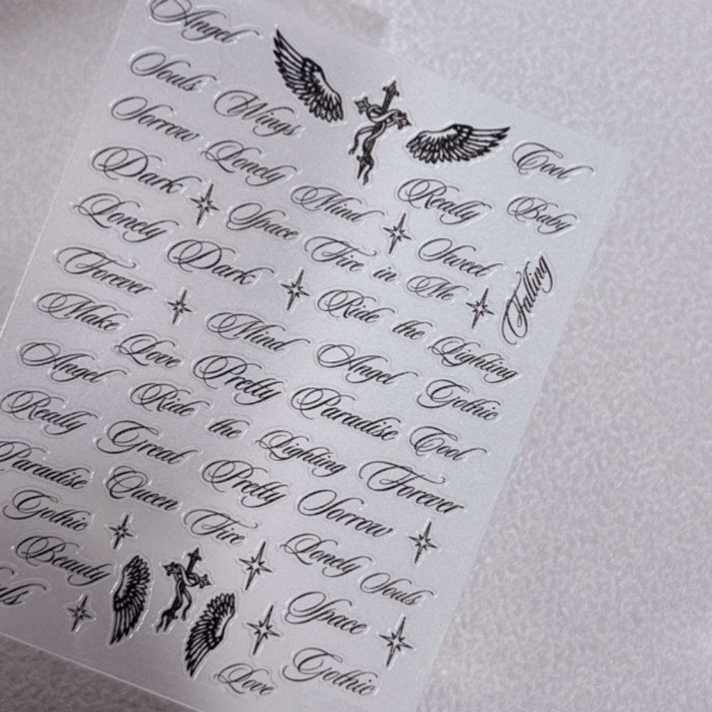 Чорно-білі літерні слова наклейки для нігтів Ангельські крила Змішані дизайни літер Голографічні Y2K Наклейки для декору нігтів своїми руками