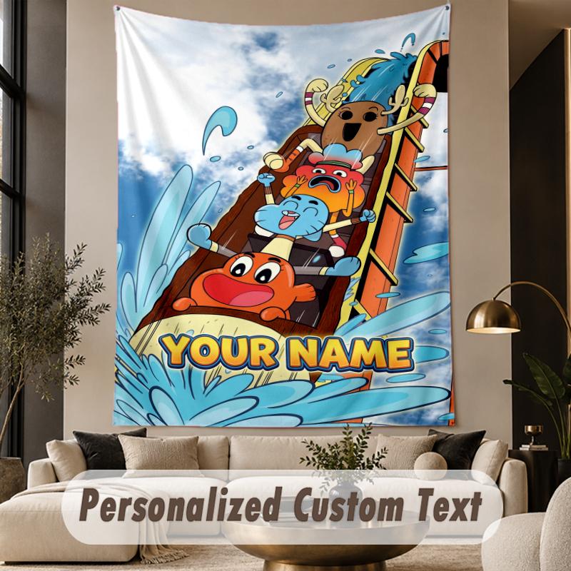Custom Text Printed Tapestry Amazing World of Gumball Pattern Large Wall Hanging Indoor Room Decor