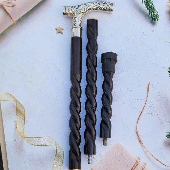 Baston unic cu mâner din alamă, baston pliabil din lemn lucrat manual, baston și baston cu mâner argintiu