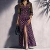 Women's Leopard Print Mesh Patchwork Long Sleeve Dress, Elegant Slim Fit with Slit for Party