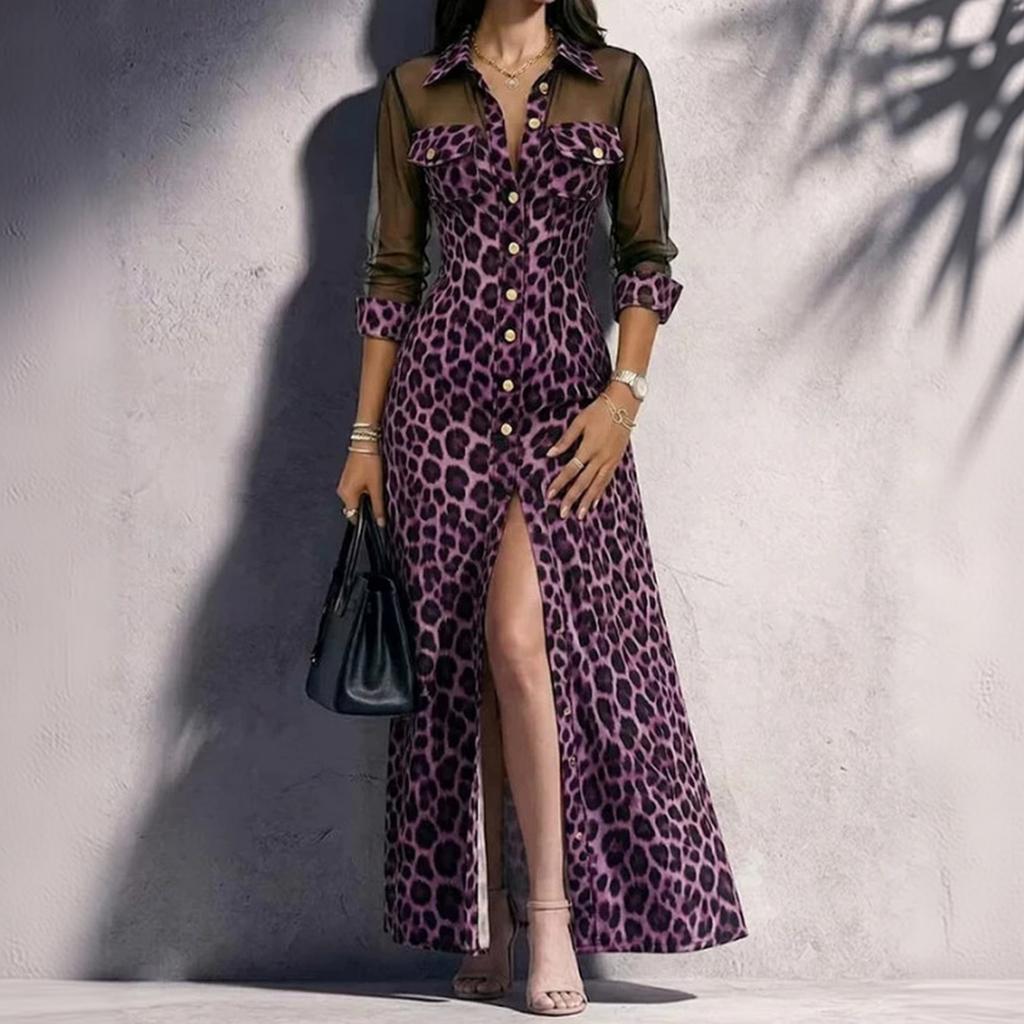 Women's Leopard Print Mesh Patchwork Long Sleeve Dress, Elegant Slim Fit with Slit for Party