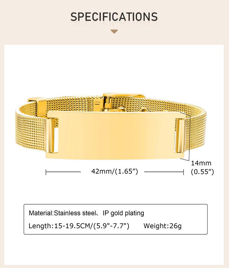 Personalized ID Bracelet for Women Men, Adjustable Chain Link, Milanese Watch Strap Stainless Steel Gold Plated