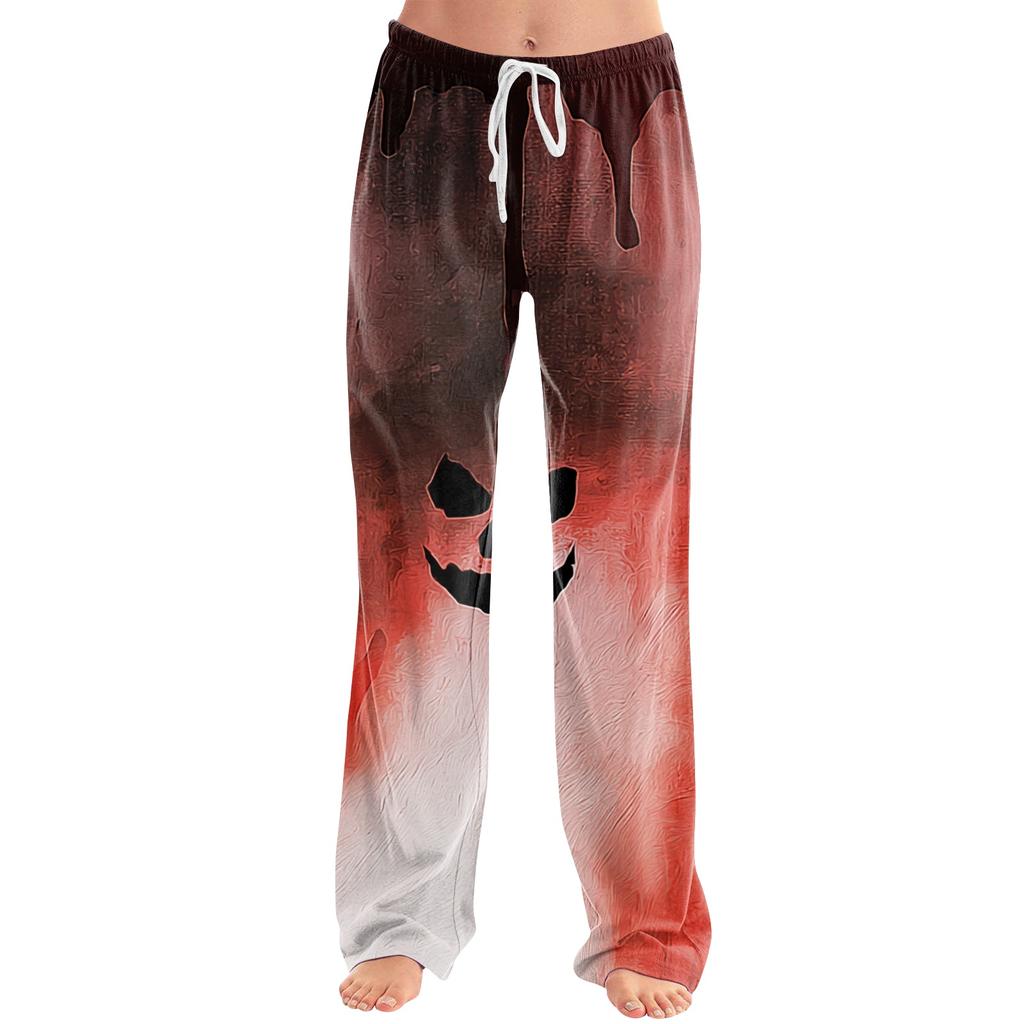 Women Loose Fit Casual Halloween Printed Pants Elastic Waist Relaxed Trousers with Pumpkin Pattern for Daily Wear