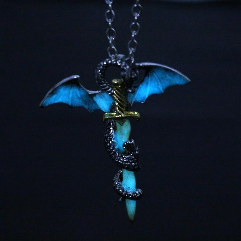 Pterosaur Twining Round The Golden Colored Sword Glow in the dark Pendant Necklace Gothic Male Jewelry Accessory For Daily Occasions