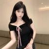 Bow Off-the-shoulder Short-sleeved T-shirt for Women's Summer Pure Desire Spice Girl Sexy One-word Shoulder Small Top Unique and Beautiful