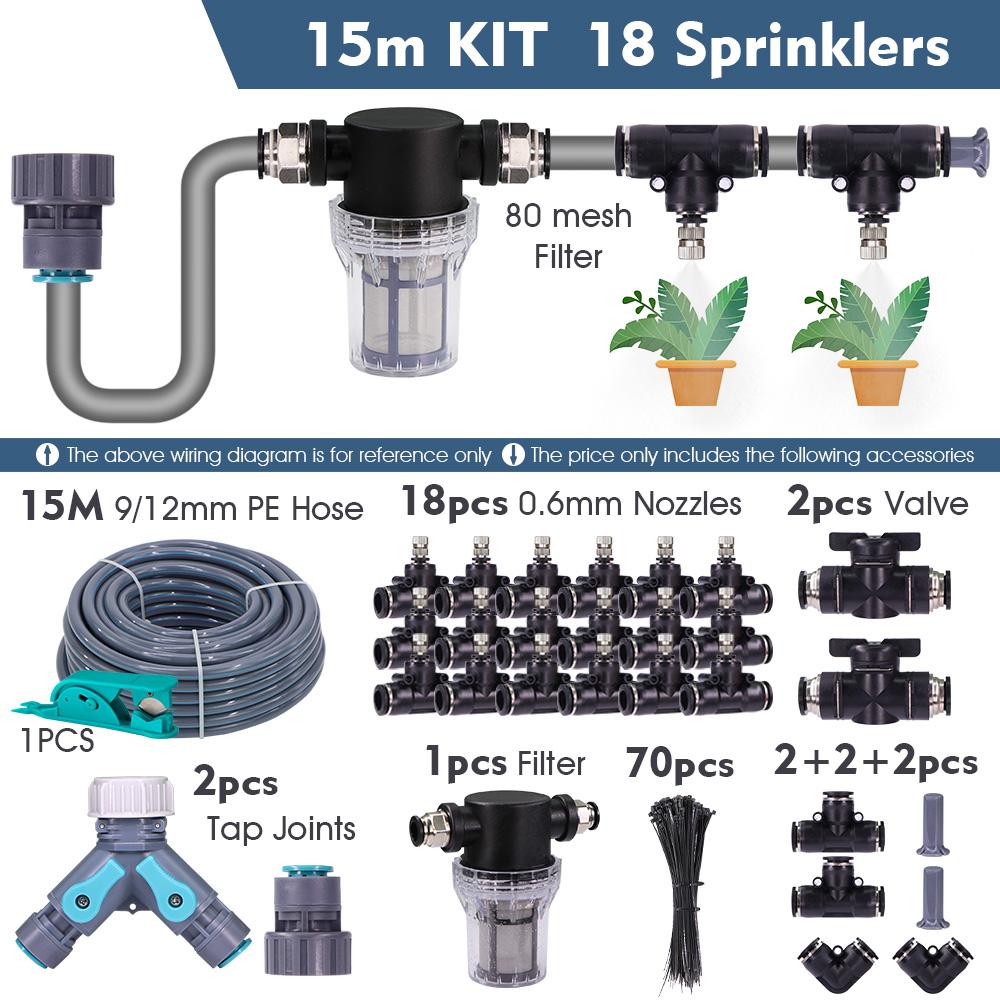 3/8" 9/12mm Misting Cooling System 0.6mm Nozzles Fine Atomizer PE Tubing Filter Self-priming Pump Garden Irrigation Watering Kit