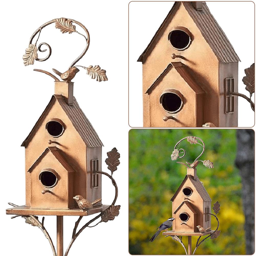 Metal Bird House with Pole Garden Outdoor Metal Birdhouse Decoration Metal Birdhouse Stake for Outdoor Garden Yard Decoration