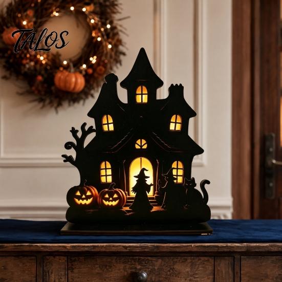 Talos Witch Wooden Table Centerpiece, Spooky Castle Black Cat Standing Tabletop Ornament for Halloween Party, Desk Tiered Tray Decor