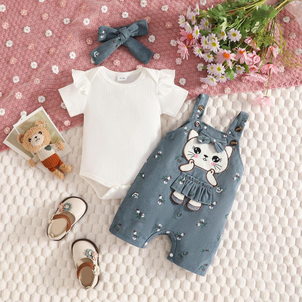 European & American Summer Baby Bodysuit + Cat Applique Floral Overalls & Headband Set