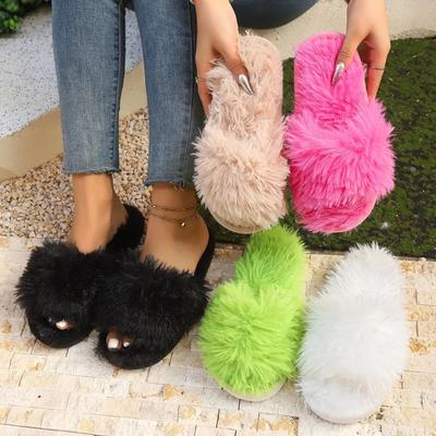 Thuispantoffels, comfortabele en warme open teen zachte pluche schoenen, effen kleur binnenpantoffels