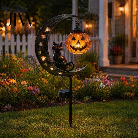 Festliche Halloween-Atmosphäre Licht Schwarze Katze Mond Pfahllicht, Solar Metall Kürbis Laterne mit Dekorativen Lichtern für Garten Warmes Leuchten, Gruselig