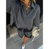 Women Lace Splicing Striped Long Sleeve Shirt And Drawstring Shorts Two Piece Set
