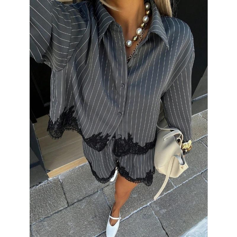 Women Lace Splicing Striped Long Sleeve Shirt And Drawstring Shorts Two Piece Set
