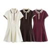 Short Sleeve Collar A-Line Dress with Button Front and Pleated Skirt