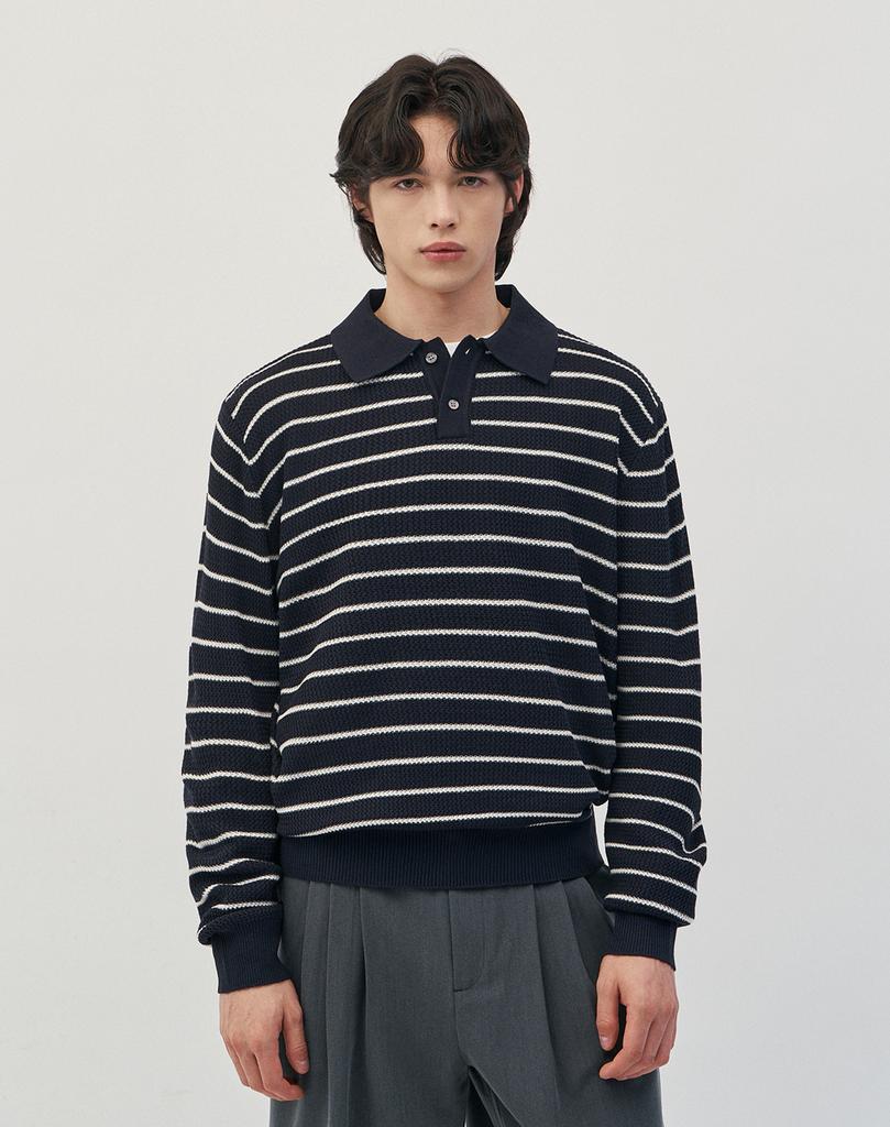 WORK ON BODY OFF Easyon Semi-Overfit Striped Collar Knit [Navy]