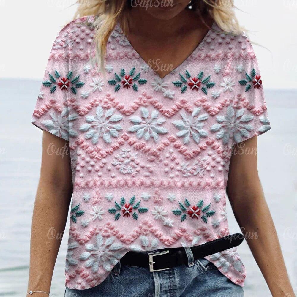 Tricou nou de Crăciun pentru femei 3D Moș Crăciun imprimeu tricouri cu mânecă scurtă cu decolteu în V, îmbrăcăminte de stradă supradimensionată, pulover Harajuku pentru femei