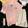 2026 New Style Women's Summer Cotton Pajama Set with Built-in Bra: Round Neck, Short Sleeves, Shorts, Sweet Casual Loungewear