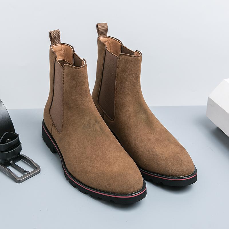 Fashion British Style Brown Men's Chelsea Boots Fashion High Top Leather Ankle Boots Man Slip-on Pointed Toe Boots For Men Elegant Shoes