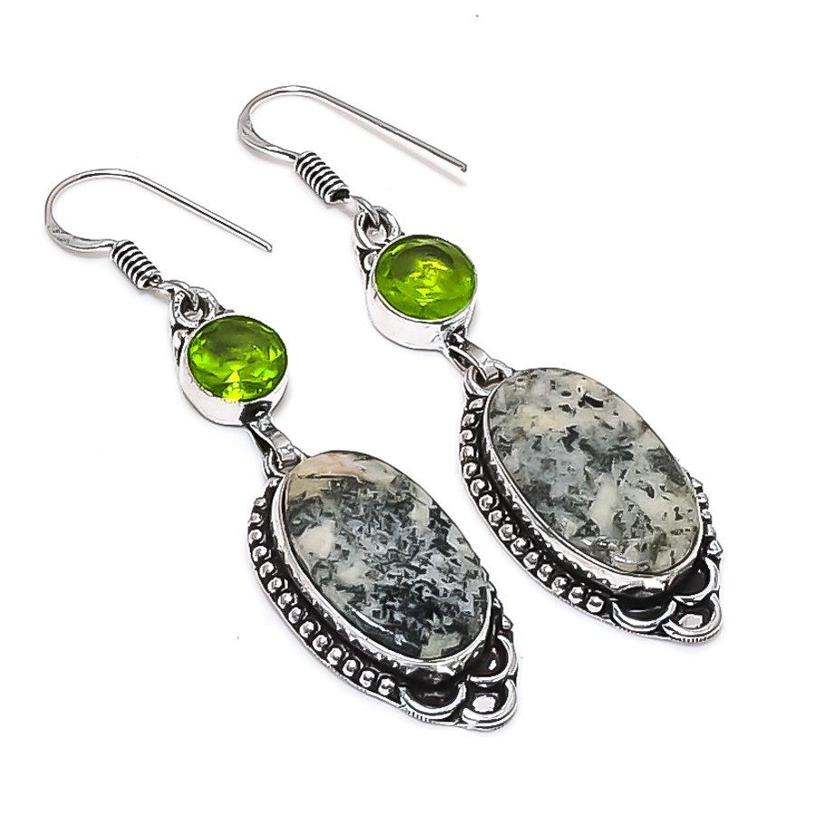 Natural Dendrite Opal, Peridot 925 Sterling Silver Jewelry Earring 2.44" H2R17